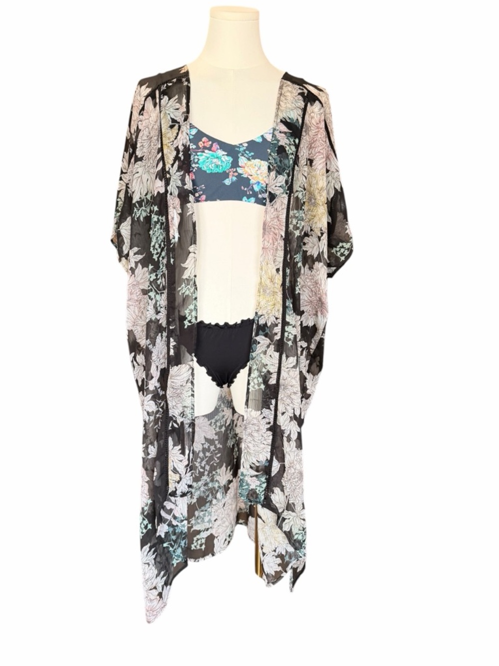 Band of Gypsies Floral Sheer Chiffon Kimono Cardigan Cover Up Black XS/S Boho - Picture 2 of 10